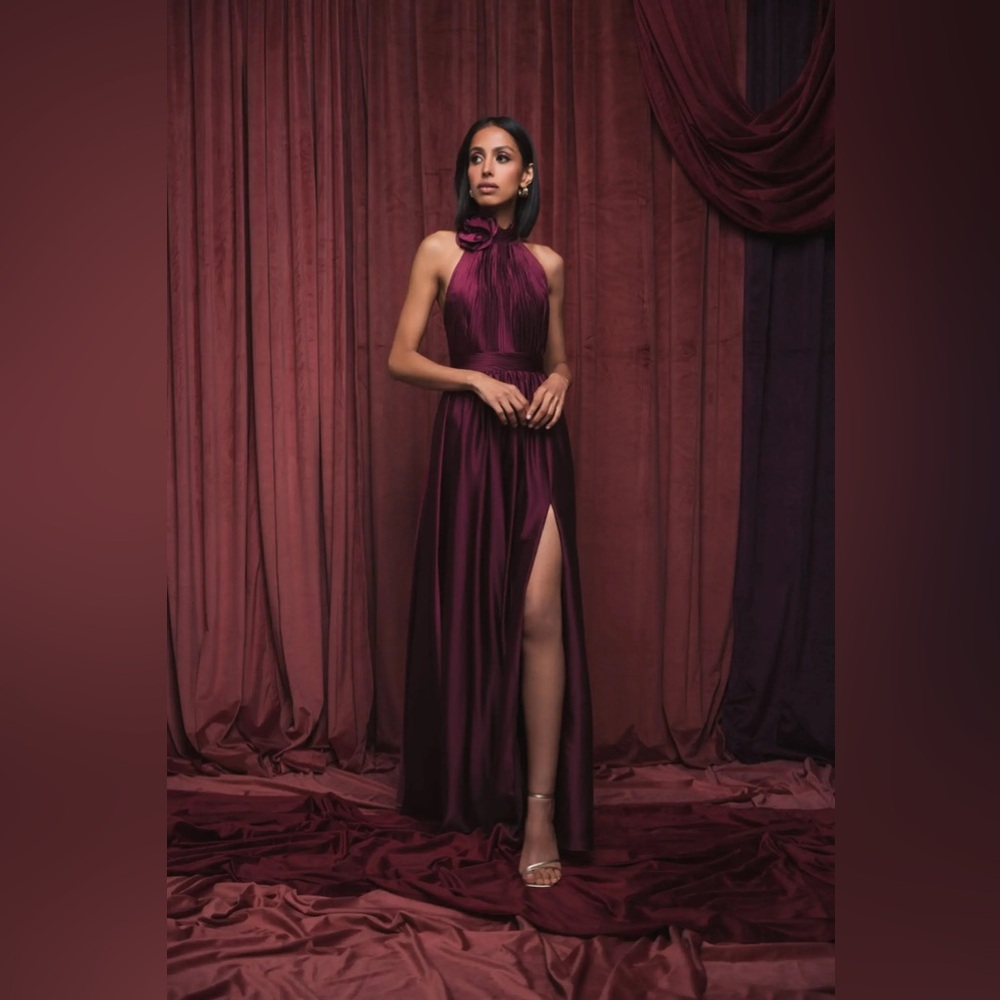 NWT Ieena for Mac Duggal Purple Soft Tie Halter Neck High Slit Evening Gown - Picture 2 of 16